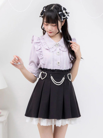 ブラック ロリータスカート フリル ハイウエスト パール装飾 ショートスカート レース裏地 プチピンク ミニスカート
