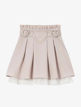 ロリータスカート フリル ハイウエスト パール装飾 ショートスカート レース裏地 プチピンク ミニスカート