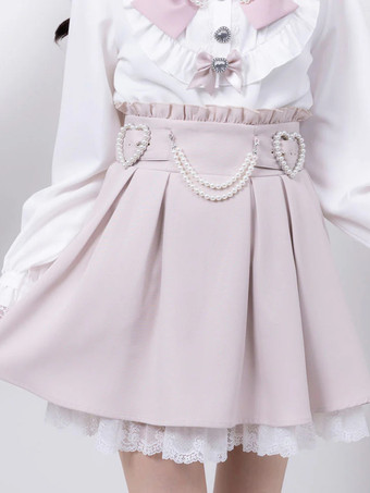 ピンクロリータスカート フリル ハイウエスト パール装飾 ショートスカート レース裏地 プチピンク ミニスカート