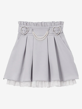 ロリータスカート フリル ハイウエスト パール装飾 ショートスカート レース裏地 プチピンク ミニスカート
