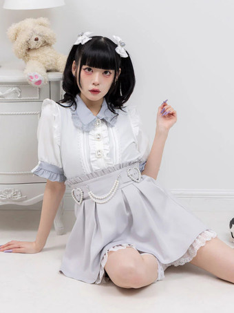 ロリータスカート フリル ハイウエスト パール装飾 ショートスカート レース裏地 プチピンク ミニスカート