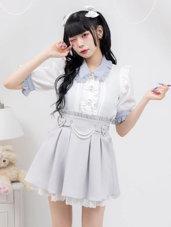 ライトグレー ロリータスカート フリル ハイウエスト パール装飾 ショートスカート レース裏地 プチピンク ミニスカート