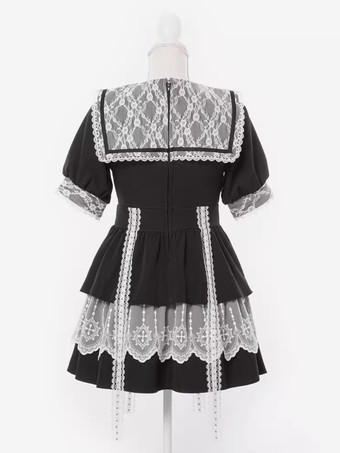 ゴシックロリータドレス 和風 レース スプライシング マイン セーラーカラー スリム 半袖 スイートドレス