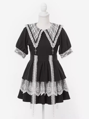 ブラック ゴシックロリータドレス 和風 レース スプライシング マイン セーラーカラー スリム 半袖 スイートドレス