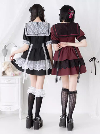 ゴシックロリータドレス 和風 レース スプライシング マイン セーラーカラー スリム 半袖 スイートドレス