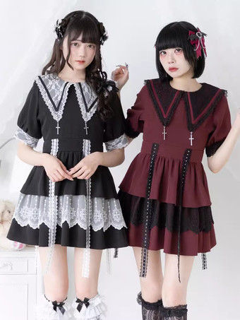 ゴシックロリータドレス 和風 レース スプライシング マイン セーラーカラー スリム 半袖 スイートドレス