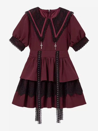 ワインレッド ゴシックロリータドレス 和風 レース スプライシング マイン セーラーカラー スリム 半袖 スイートドレス