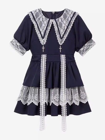 ダークネイビーゴシックロリータドレス 和風 レース スプライシング マイン セーラーカラー スリム 半袖 スイートドレス