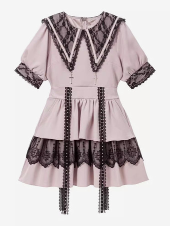 ゴシックロリータドレス 和風 レース スプライシング マイン セーラーカラー スリム 半袖 スイートドレス