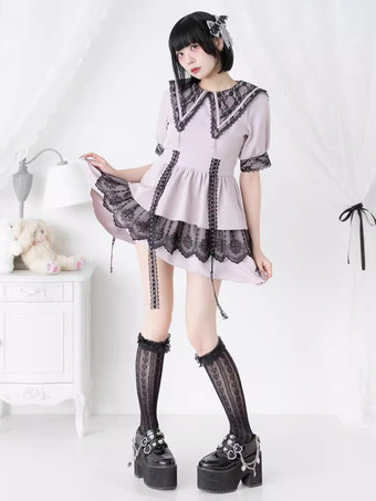 ゴシックロリータドレス 和風 レース スプライシング マイン セーラーカラー スリム 半袖 スイートドレス