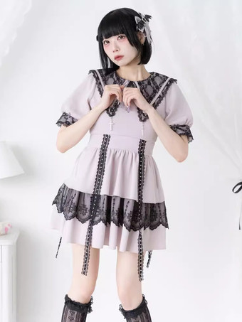 ピンクゴシックロリータドレス 和風 レース スプライシング マイン セーラーカラー スリム 半袖 スイートドレス