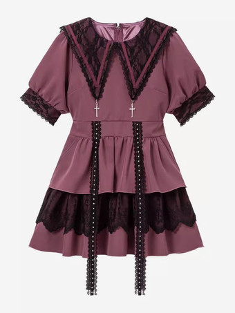 マゼンタゴシックロリータドレス 和風 レース スプライシング マイン セーラーカラー スリム 半袖 スイートドレス