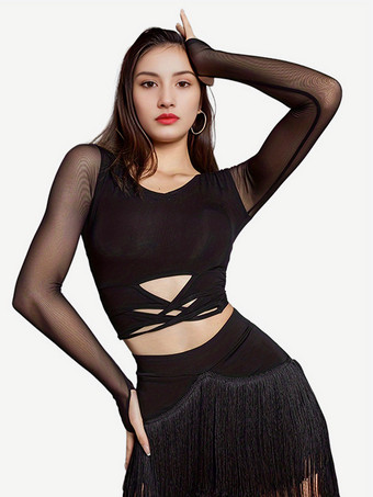 ブラック レディース ラテンダンス 2ピース 透明 長袖 トップス＆タッセルスカート 社交ダンス サルサ タンゴスカート