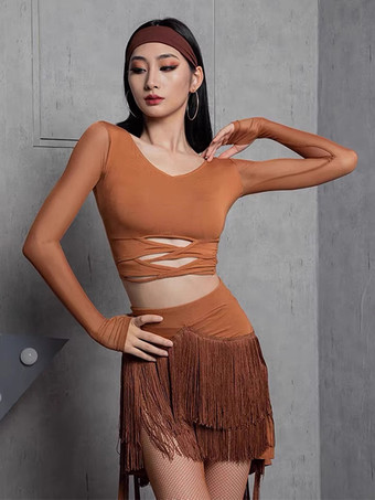ブラウンレディース ラテンダンス 2ピース 透明 長袖 トップス＆タッセルスカート 社交ダンス サルサ タンゴスカート