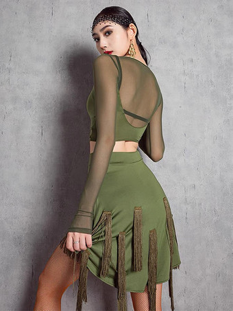 レディース ラテンダンス 2ピース 透明 長袖 トップス＆タッセルスカート 社交ダンス サルサ タンゴスカート