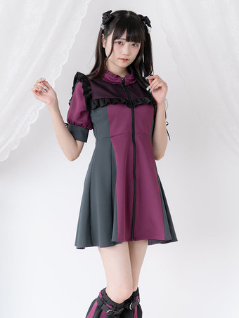 マゼンタロリータドレス メッシュ フリルカラー 半袖 カラーブロック ジッパーコートドレス サブカルチャー ユニフォーム
