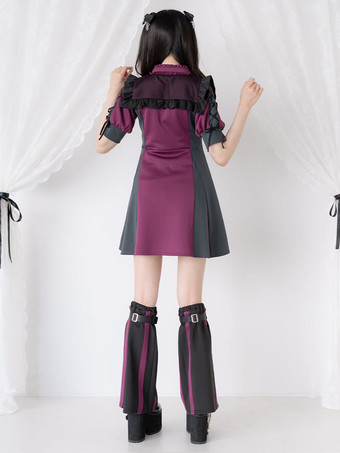 ロリータドレス メッシュ フリルカラー 半袖 カラーブロック ジッパーコートドレス サブカルチャー ユニフォーム