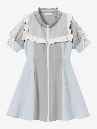 ライトスカイブルーロリータドレス メッシュ フリルカラー 半袖 カラーブロック ジッパーコートドレス サブカルチャー ユニフォーム