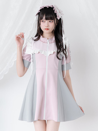 ピンクロリータドレス メッシュ フリルカラー 半袖 カラーブロック ジッパーコートドレス サブカルチャー ユニフォーム