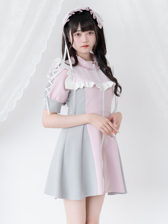 ロリータドレス メッシュ フリルカラー 半袖 カラーブロック ジッパーコートドレス サブカルチャー ユニフォーム