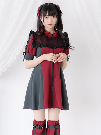 レッド ロリータドレス メッシュ フリルカラー 半袖 カラーブロック ジッパーコートドレス サブカルチャー ユニフォーム