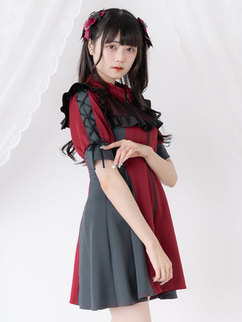 ロリータドレス メッシュ フリルカラー 半袖 カラーブロック ジッパーコートドレス サブカルチャー ユニフォーム