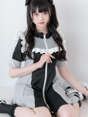 ブラック ロリータドレス メッシュ フリルカラー 半袖 カラーブロック ジッパーコートドレス サブカルチャー ユニフォーム