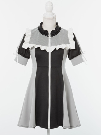 ロリータドレス メッシュ フリルカラー 半袖 カラーブロック ジッパーコートドレス サブカルチャー ユニフォーム