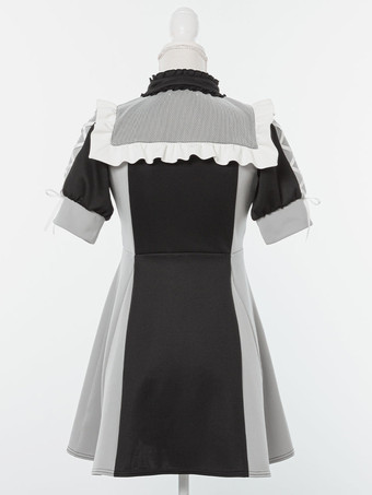 ロリータドレス メッシュ フリルカラー 半袖 カラーブロック ジッパーコートドレス サブカルチャー ユニフォーム