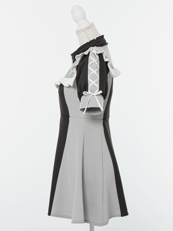 ロリータドレス メッシュ フリルカラー 半袖 カラーブロック ジッパーコートドレス サブカルチャー ユニフォーム