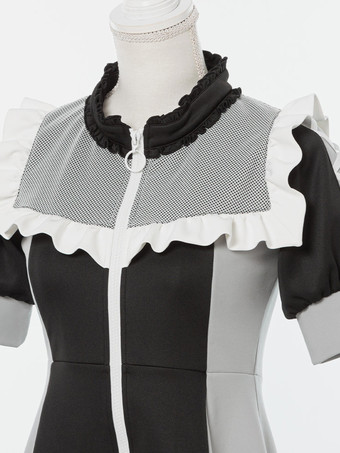 ロリータドレス メッシュ フリルカラー 半袖 カラーブロック ジッパーコートドレス サブカルチャー ユニフォーム