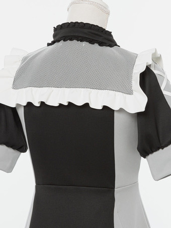 ロリータドレス メッシュ フリルカラー 半袖 カラーブロック ジッパーコートドレス サブカルチャー ユニフォーム