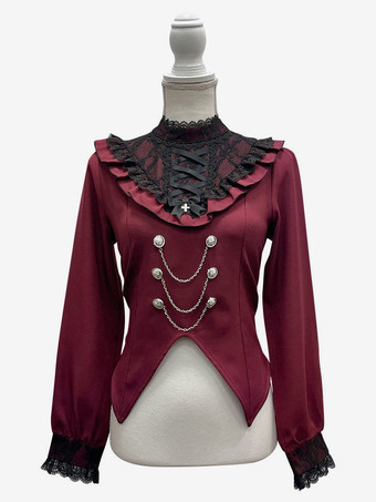 ワインレッド ゴシックロリータブラウスリボンレースハイカラーレーストリム長袖チェーン装飾シャツ