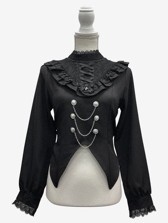 ブラック ゴシックロリータブラウスリボンレースハイカラーレーストリム長袖チェーン装飾シャツ