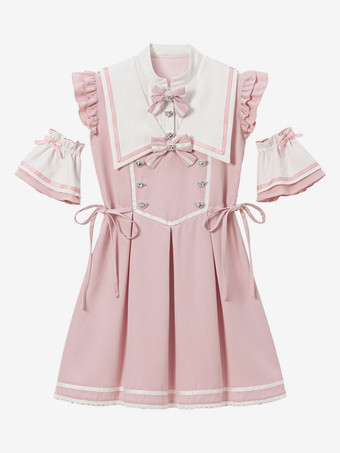 ライトピンク【新作】ロリータドレス リボンボタン ノースリーブ レーストリムドレス サブカルチャー ユニフォーム