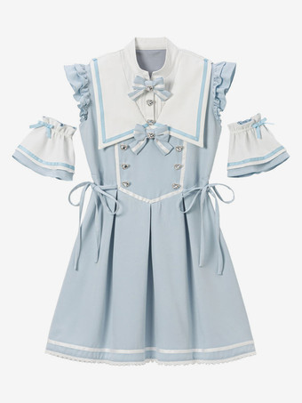 ライトスカイブルー【新作】ロリータドレス リボンボタン ノースリーブ レーストリムドレス サブカルチャー ユニフォーム