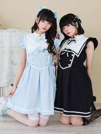 【新作】ロリータドレス リボンボタン ノースリーブ レーストリムドレス サブカルチャー ユニフォーム