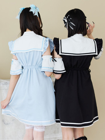 【新作】ロリータドレス リボンボタン ノースリーブ レーストリムドレス サブカルチャー ユニフォーム