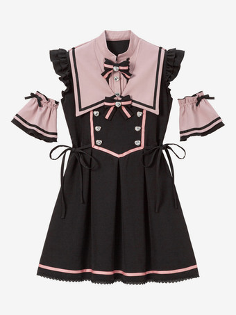 ピンク【新作】ロリータドレス リボンボタン ノースリーブ レーストリムドレス サブカルチャー ユニフォーム