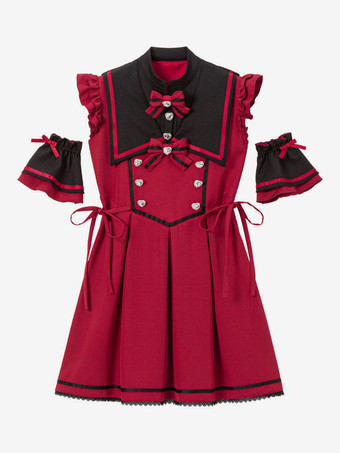 ワインレッド 【新作】ロリータドレス リボンボタン ノースリーブ レーストリムドレス サブカルチャー ユニフォーム