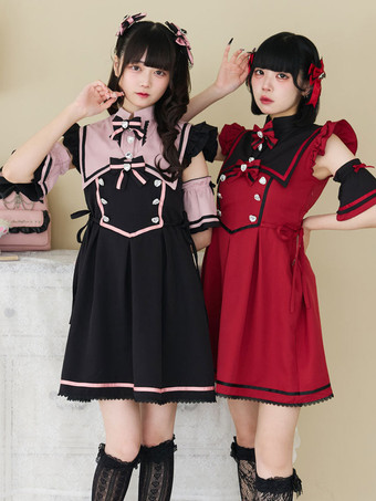 【新作】ロリータドレス リボンボタン ノースリーブ レーストリムドレス サブカルチャー ユニフォーム