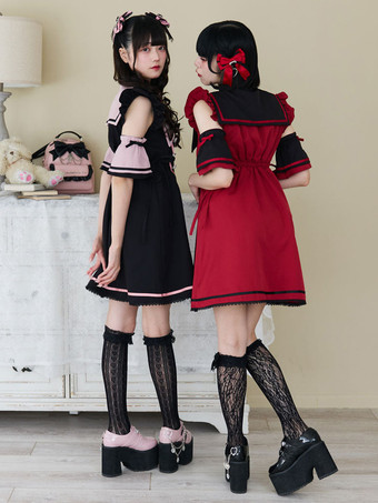 【新作】ロリータドレス リボンボタン ノースリーブ レーストリムドレス サブカルチャー ユニフォーム