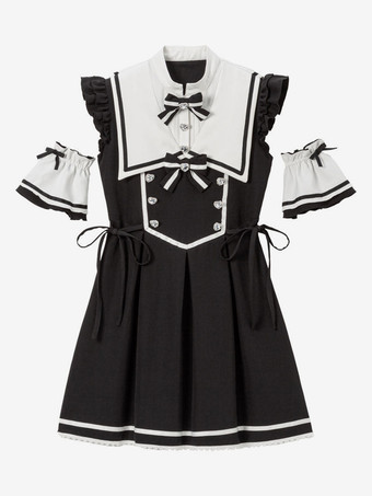 ブラック 【新作】ロリータドレス リボンボタン ノースリーブ レーストリムドレス サブカルチャー ユニフォーム