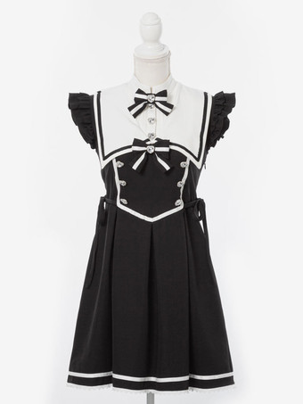 【新作】ロリータドレス リボンボタン ノースリーブ レーストリムドレス サブカルチャー ユニフォーム
