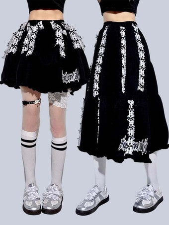 ロリータスカート リボン レース 刺繍 ブラック Aライン 折り返し ロングスカート