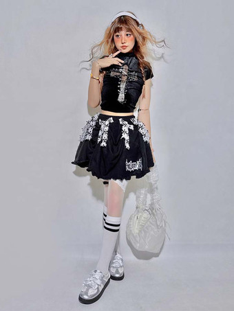 ロリータスカート リボン レース 刺繍 ブラック Aライン 折り返し ロングスカート