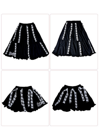 ロリータスカート リボン レース 刺繍 ブラック Aライン 折り返し ロングスカート