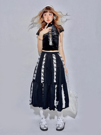 ロリータスカート リボン レース 刺繍 ブラック Aライン 折り返し ロングスカート