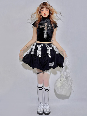 ロリータスカート リボン レース 刺繍 ブラック Aライン 折り返し ロングスカート