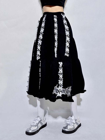 ブラック ロリータスカート リボン レース 刺繍 ブラック Aライン 折り返し ロングスカート